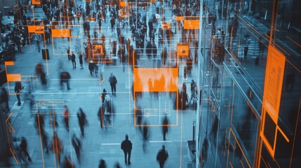 Fototapete - City monitoring with computer vision system recognizing objects and faces to identify threats and intelligently control traffic