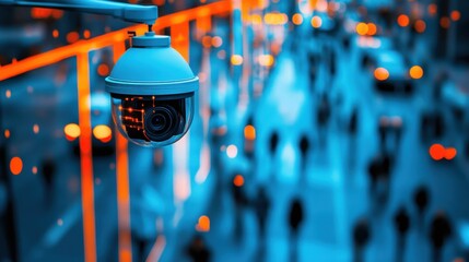Fototapete - City surveillance camera with computer vision that recognizes objects and faces to identify threats and intelligent traffic control