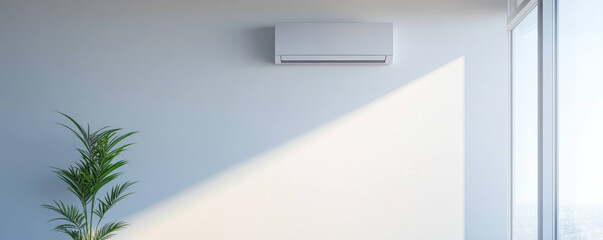 Modern air conditioning unit mounted on wall in bright room with large window and green plant, creating fresh and comfortable atmosphere