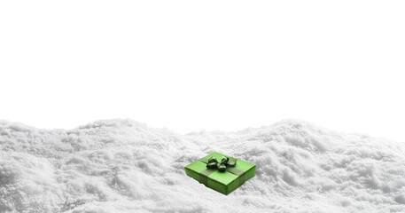 Green gift package on snow, created with Generative AI technology