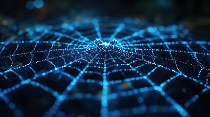 A blue background featuring a glowing blue spider web design represents digital technology.