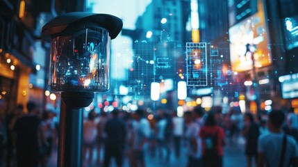 Fototapete - City surveillance camera with computer vision that recognizes objects and faces to identify threats and intelligent traffic control
