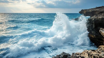 Powerful ocean waves crashing against rocky cliffs, sending up sprays of white foam under a stormy sky