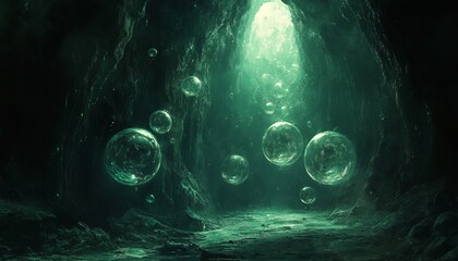 Wall Mural - Glowing orbs float in a dark cavern with a beam of light illuminating the entrance.