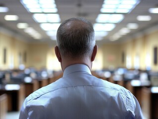 A contemplative individual gazes into a spacious, modern office environment, filled with desks and illuminated by natural light.