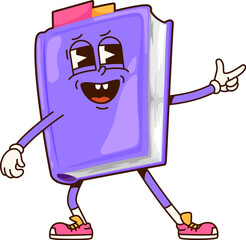Poster - Groovy book school character. Student education cheerful cartoon mascot, child study textbook or school literature happy retro isolated vector character. Bestseller book cute isolated groovy personage