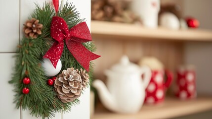 Festive Christmas Wreath with Pinecones and Red Ribbon