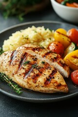 Canvas Print - Grilled chicken breast with rice and vegetables on a plate.