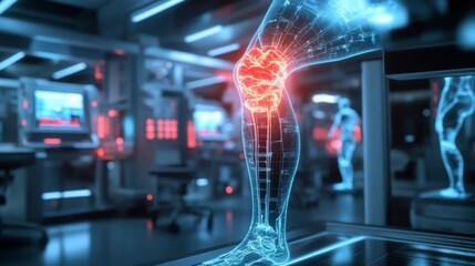 Sci-fi medical visualization of a knee injury, displaying biomechanical implants and neon-colored treatments, in a sterile, futuristic med lab environment