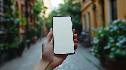A white smartphone with a blank screen is held in a hand close-up.