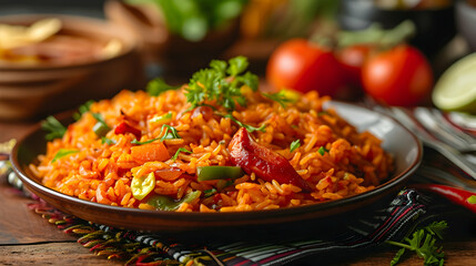 A vibrant plate of jollof rice garnished with vegetables, showcasing a popular West African dish, perfect for sharing and enjoying.