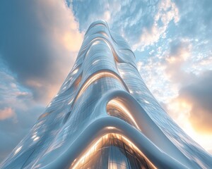 Canvas Print - Low angle view of a modern skyscraper with a curved design against a cloudy sky at sunset.