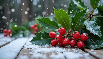 A cluster of red berries on a wooden surface with snow. Concept of warmth and coziness, as the berries are surrounded by the cold, snowy environment. The contrast between the bright red berries