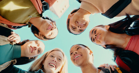 Poster - Students, team and education with friends from low angle for learning, college and studying knowledge. University, support and community with group of people for school, diversity and future