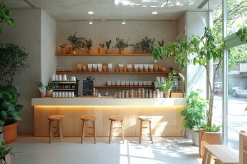 Wall Mural - Minimalist cafe interior with wooden counter, stools, and plants.