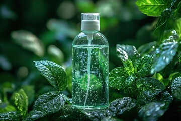 A bottle of hand sanitizer is surrounded by a green natural background, promoting eco-friendly hygiene.