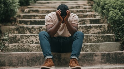 Man Sitting on Steps with Head in Hands, Crying in Depression