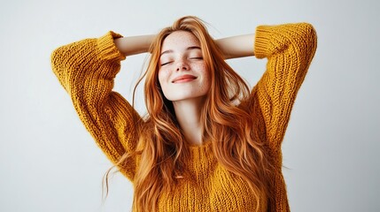 Joyful Redhead in Casual Sweater Against Light Background