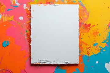 Blank textured canvas on colorful abstract paint splatter background