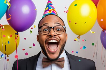 A man wearing glasses and with short hair is celebrating his birthday, surrounded by balloons, streamers, confetti, against a white background, wearing a suit, bow tie, and party hat on his head, 