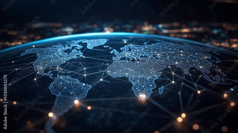 Digital illustration of world map at night with glowing white lines ...