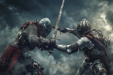 Fighting Knights, Medieval Warrior Duel, Two Renaissance Vikings, Dramatic Knight Battle