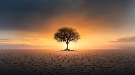 Wall Mural - a barren tree standing alone in a dry, cracked field representing a person with no livelihood, surro