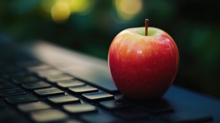 Red apple on computer keyboard, likely outdoors, early morning light