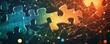 © Wannaeka - Futuristic digital illustration of jigsaw puzzle pieces in orange, green, connected by network lines on dark blue background.