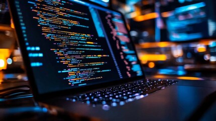 Multiple screens on laptop with colorful code displayed in dimly lit room, coding environment with blurred background of laptops.