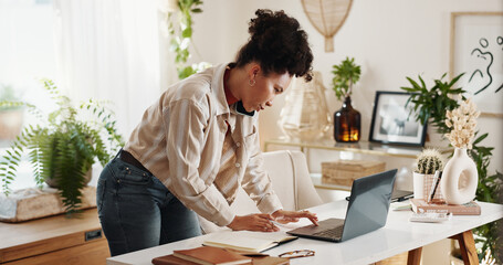 Poster - Laptop, phone call and woman in busy home office with online report, schedule or communication. Smartphone, remote work and consultant checking business website with discussion for freelance project