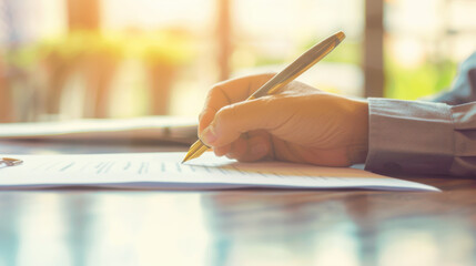 Businesswoman signing a contract with a pen, hands at work in office setting. Close-up of focused business activity and professional commitment.