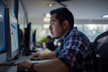Focused software developer working on a computer in a modern office environment