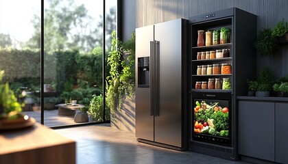 Canvas Print - Modern kitchen interior with a stainless steel refrigerator and a glass-door pantry filled with various jars and produce.