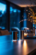 © Sheikhah - Two metallic smart speakers glow in soft, moody light in modern home interior.