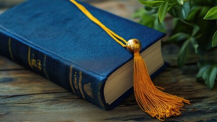 Closed blue book with yellow tassel on wooden surface