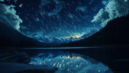 A night sky filled with shooting stars reflected perfectly in a mirror-like lake, surrounded by snowy mountains and forests silhouetted in the moonlight as meteors streak across the sky in glowing tra