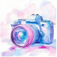 A colorful watercolor illustration of a camera with a soft background.