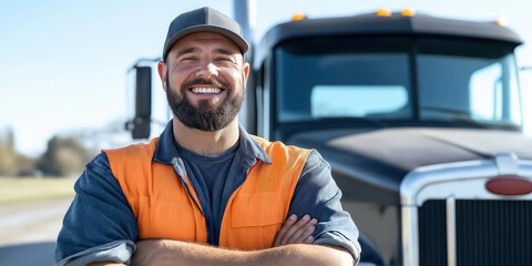 A young male truck driver standing in front of his truck