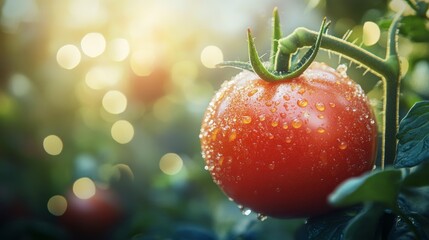 A bright red tomato, close up. It looks fresh and healthy.