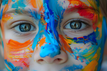 Amidst lively summer festivities, a young artist showcases their imagination with colorful face paint, highlighting joyful expression and vibrant hues. Generative AI