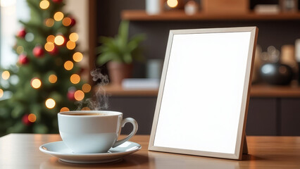 Wall Mural - Mockup of an advertisement stands on the table next to a hot cup of coffee. In the background, a Christmas tree and cafe interior. Christmas and New Year concept.