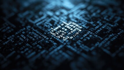 Wall Mural - close-up of digital binary code on electronic circuit board, glowing in blue hues