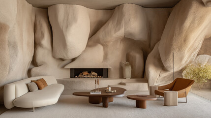 A modern living room with stone-textured wallpaper resembling natural boulders