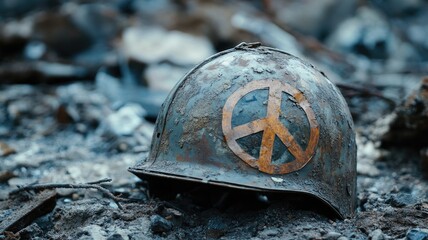 Rusty helmet with peace symbol lies on ground post-war