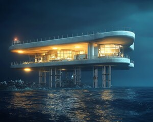 Modern, futuristic house on stilts over the ocean at night, illuminated with warm lights.