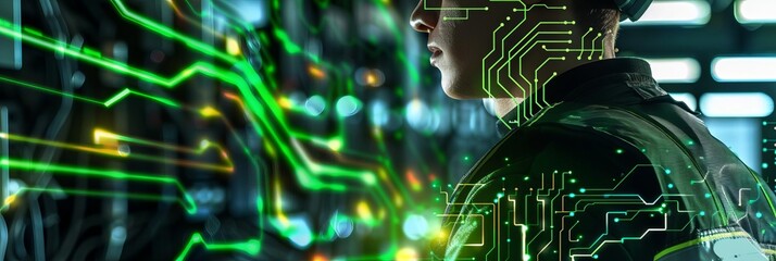 Engineer with overlay of hightech circuitry in green and black With copy space