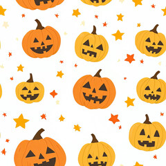 Seamless pattern with smiling Jack-o'-lantern pumpkins and colorful stars on white background.