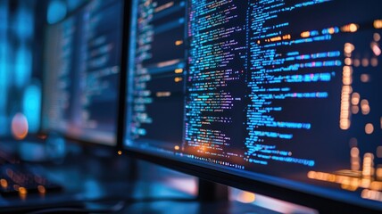 Wall Mural - multiple monitors displaying colorful software code in dark room