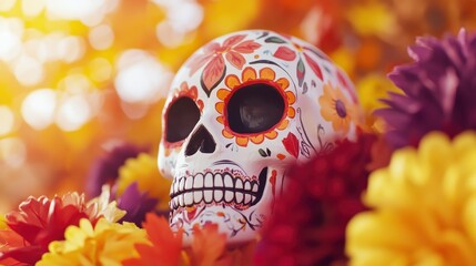 vibrant a decorated sugar skull, a symbol of Da de los Muertos, surrounded by marigold and purple flowers, embodying themes of remembrance and cultural celebration.